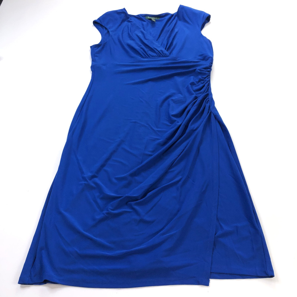 Lauren Ralph Lauren 14 Sheath Ruched V-Neck Midi Below Knee Dress Blue